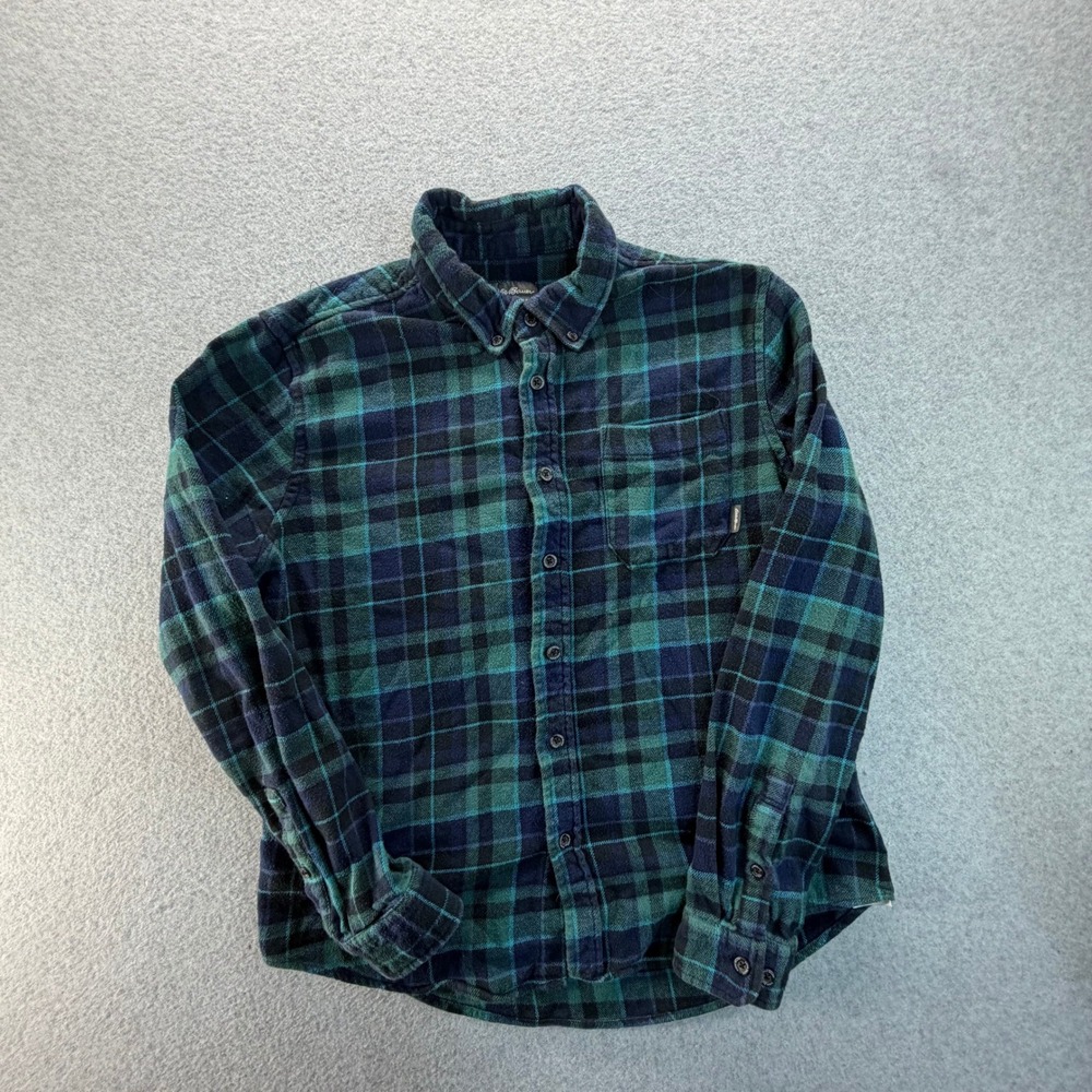 Eddie Bauer Mens Medium Green Blue Plaid Flannel Long Sleeve Button Shirt 0878